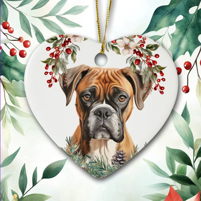 Boxer Dog Holly Wreath Christmas Ceramic Tree Decoration (Creator Uploaded)
