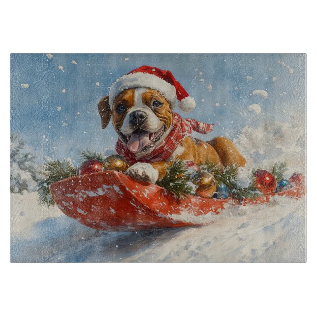 Boxer Dog in Sledge Let it Snow Christmas Cutting Board (Front)