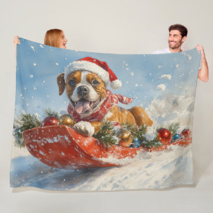 Boxer Dog in Sledge Let it Snow Christmas Fleece Blanket