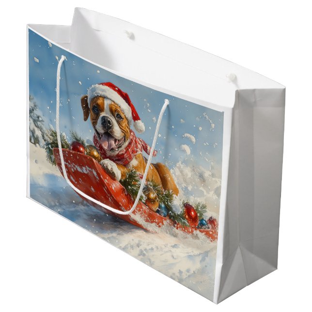 Boxer Dog in Sledge Let it Snow Christmas Large Gift Bag (Front Angled)