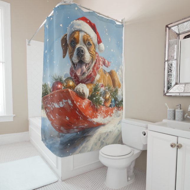 Boxer Dog in Sledge Let it Snow Christmas Shower Curtain (In Situ)