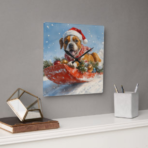 Boxer Dog in Sledge Let it Snow Christmas Square Wall Clock
