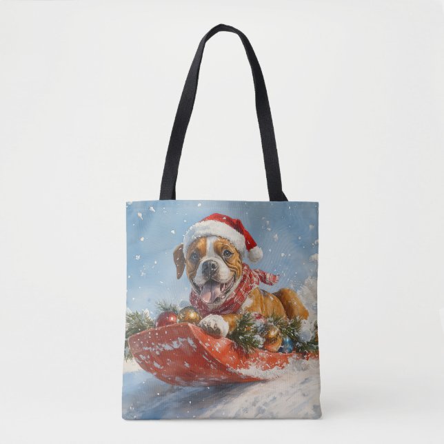 Boxer Dog in Sledge Let it Snow Christmas Tote Bag (Front)