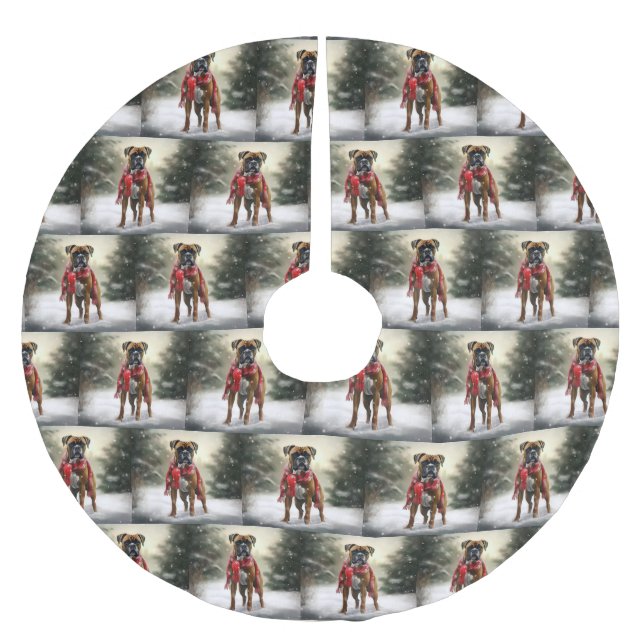 Boxer Dog in Snow Christmas Brushed Polyester Tree Skirt (Front)