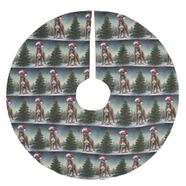 Boxer Dog in Snow Christmas  Brushed Polyester Tree Skirt (Front)