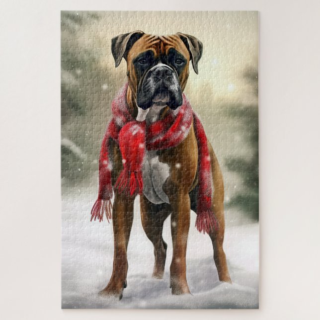 Boxer Dog in Snow Christmas Jigsaw Puzzle (Vertical)