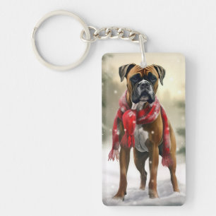 Boxer Dog in Snow Christmas Key Ring