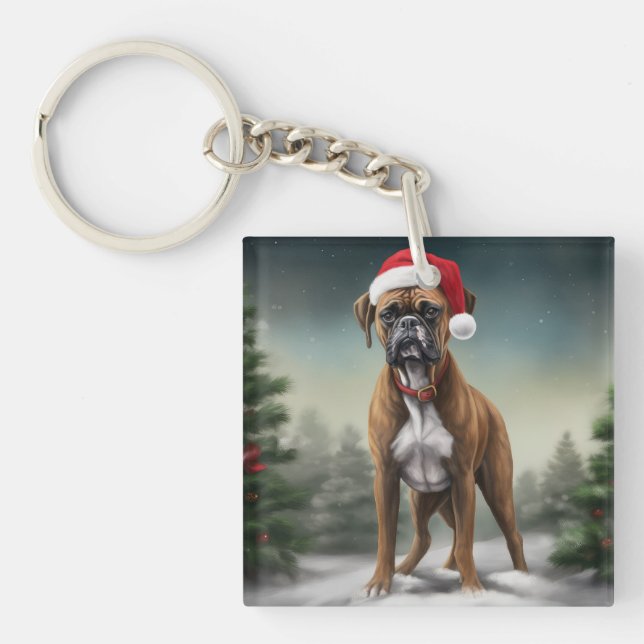 Boxer Dog in Snow Christmas  Key Ring (Front)