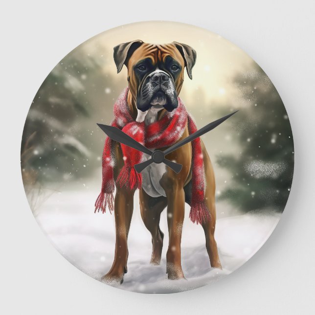 Boxer Dog in Snow Christmas Large Clock (Front)