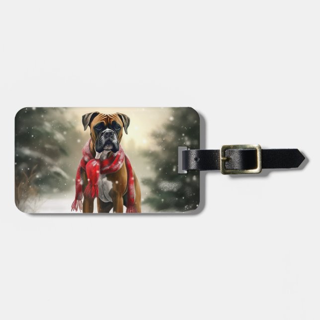 Boxer Dog in Snow Christmas Luggage Tag (Front Horizontal)
