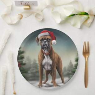 Boxer Dog in Snow Christmas Paper Plate