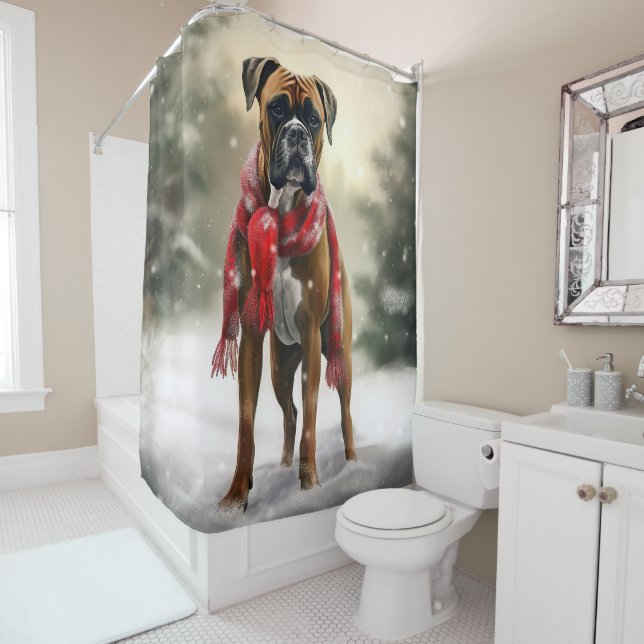 Boxer Dog in Snow Christmas Shower Curtain (In Situ)