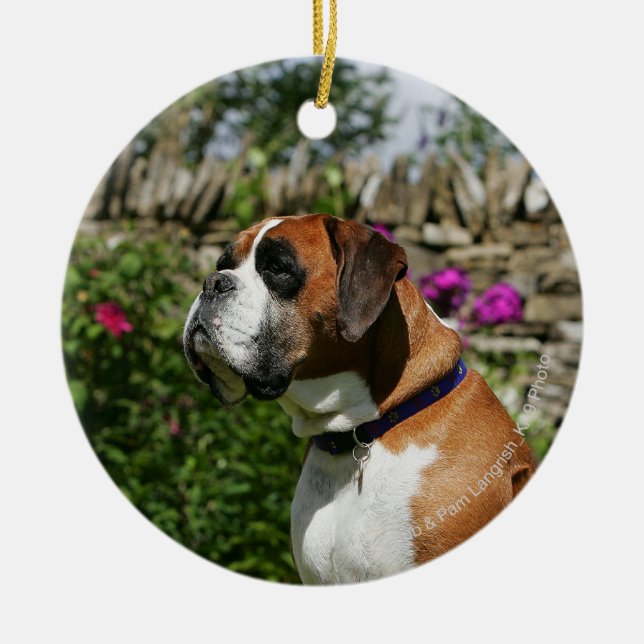 Boxer Dog in the Flowers Ceramic Tree Decoration (Front)