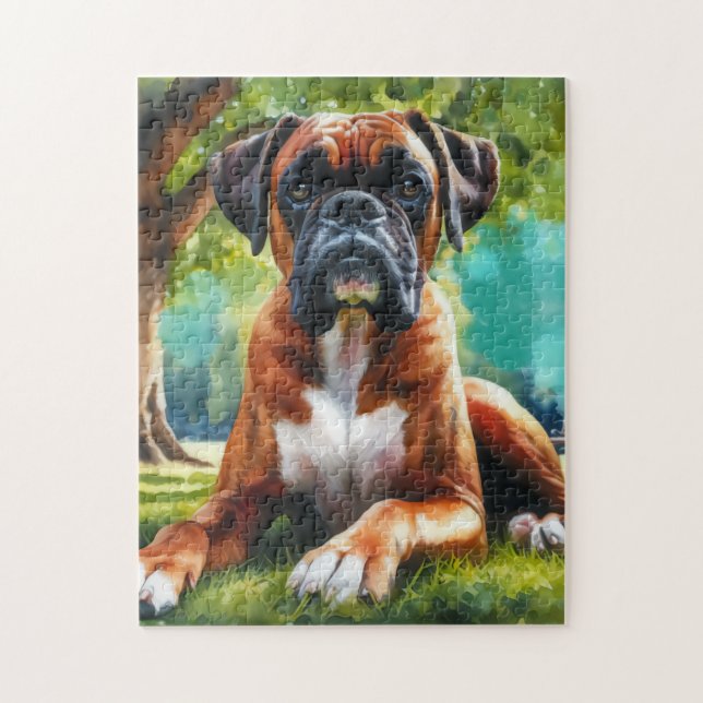 Boxer Dog in the Park – Watercolor Style Art Jigsaw Puzzle (Vertical)