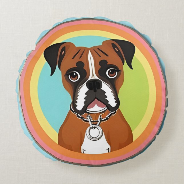 Boxer Dog in Vibrant Circular Frame Round Cushion (Front)