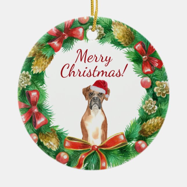 Boxer Dog Merry christmas Ceramic Tree Decoration (Front)
