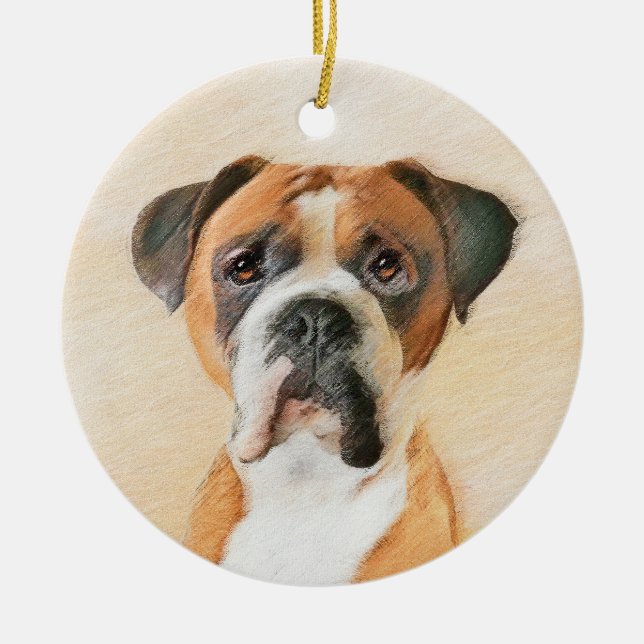 Boxer Dog Painting Uncropped Original Animal Art Ceramic Tree Decoration (Front)