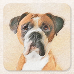 Boxer Dog Painting Uncropped Original Animal Art Square Paper Coaster