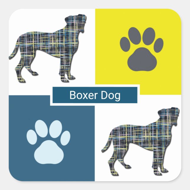 Boxer Dog & Paw Y&B Grid Square Sticker (Front)