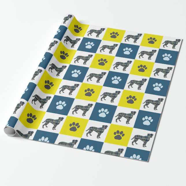 Boxer Dog & Paw Yellow & Black Grid Line Wrapping Paper (Unrolled)