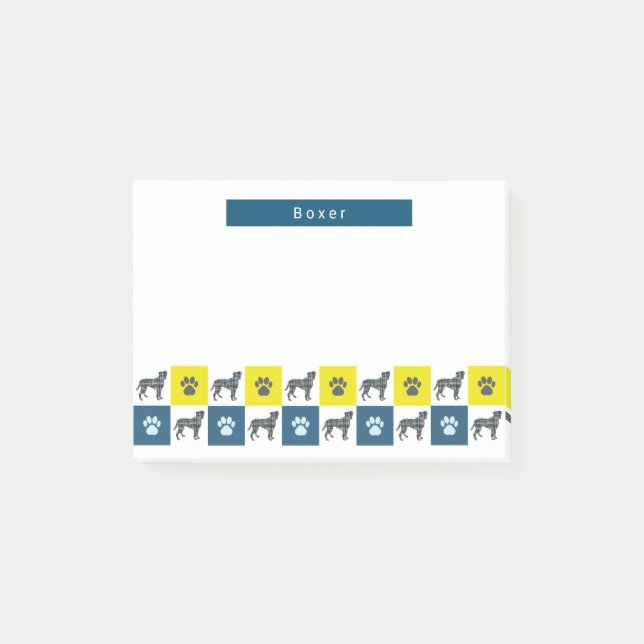 Boxer Dog & Paw Yellow & Blue Grid Lines Post-it Notes (Front)