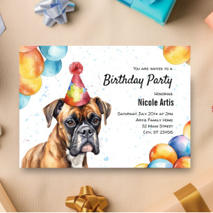 Boxer Dog Pet Animal Watercolor Birthday Party Invitation