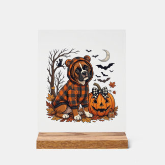 Boxer Dog Plaid Hoodie Halloween Pumpkin Bats_1 Acrylic Sign