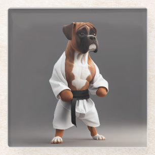 Boxer Dog Play Karate, Boxer Dog Karate Player Glass Coaster