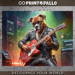 Boxer dog playing electric guitar on a stage -  tissue paper