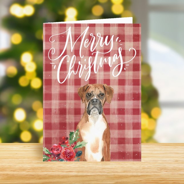 Boxer Dog Red Plaid Christmas Holiday Card (Creator Uploaded)