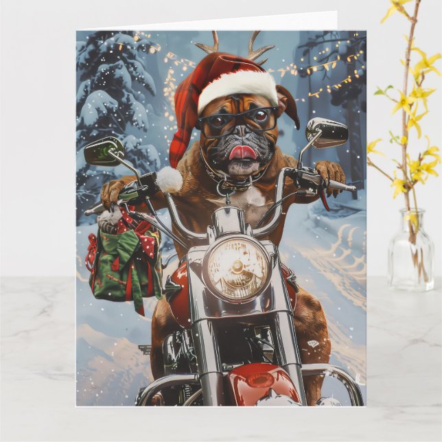 Boxer Dog Riding Motorcycle Christmas  Card (Yellow Flower)