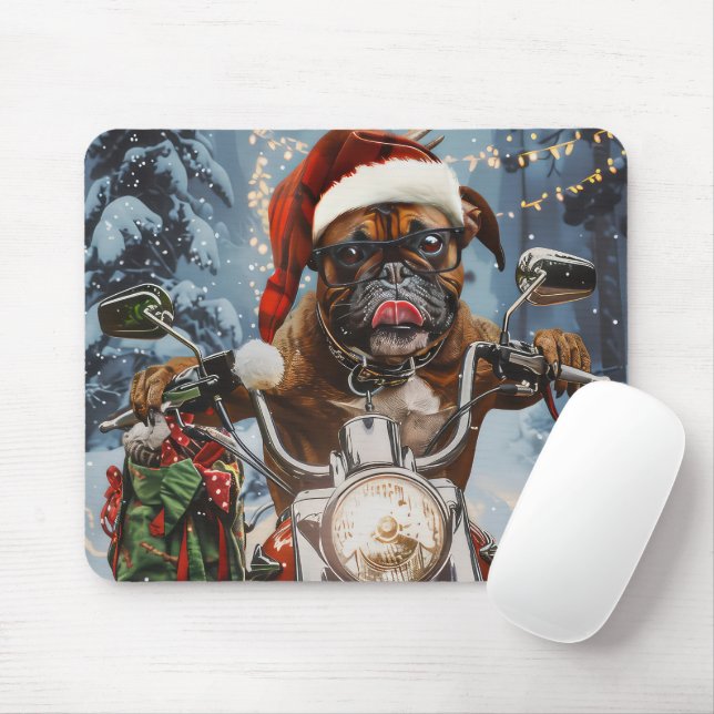 Boxer Dog Riding Motorcycle Christmas  Mouse Pad (With Mouse)