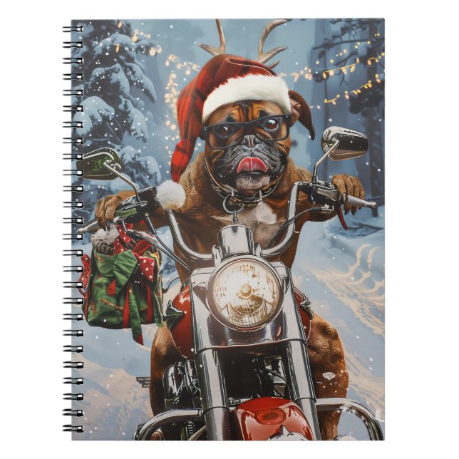 Boxer Dog Riding Motorcycle Christmas  Notebook (Front)