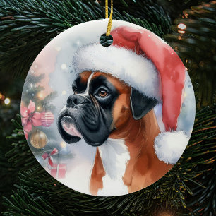Boxer Dog Santa Hat Christmas Ceramic Tree Decoration