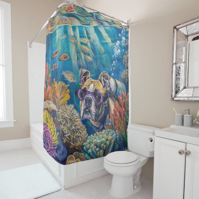 Boxer Dog Scuba Diving Underwater Shower Curtain (In Situ)