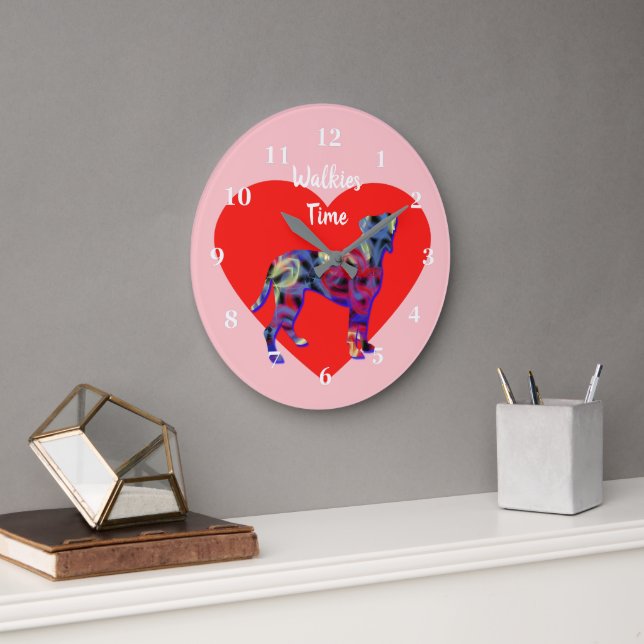 Boxer Dog Silhouette Valentine’s Day Pink Large Clock (Office)