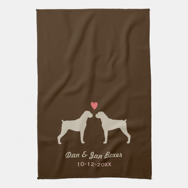 Boxer Dog Silhouettes with Heart and Text Tea Towel (Vertical)