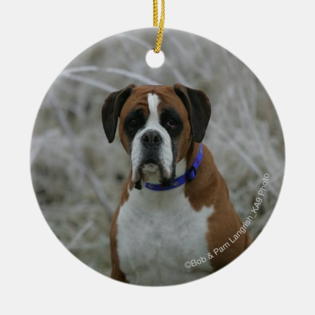 Boxer Dog Sitting in the Frost Ceramic Tree Decoration (Front)