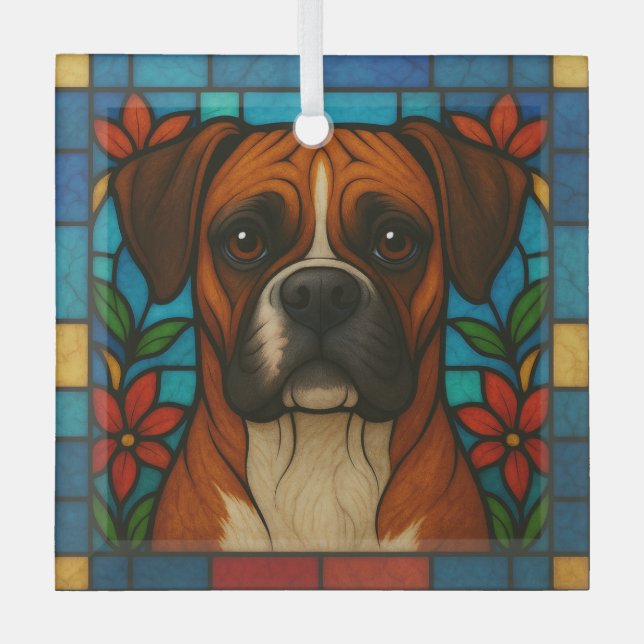 Boxer Dog "Stained Glass"  Glass Tree Decoration (Front)