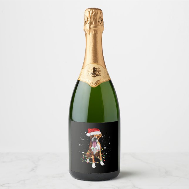 Boxer Dog Tree Christmas Lights Xmas Pajama Sparkling Wine Label (Front)