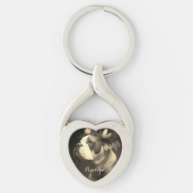 Boxer Dog Vintage-style Metal Heart Keychain  (Front)