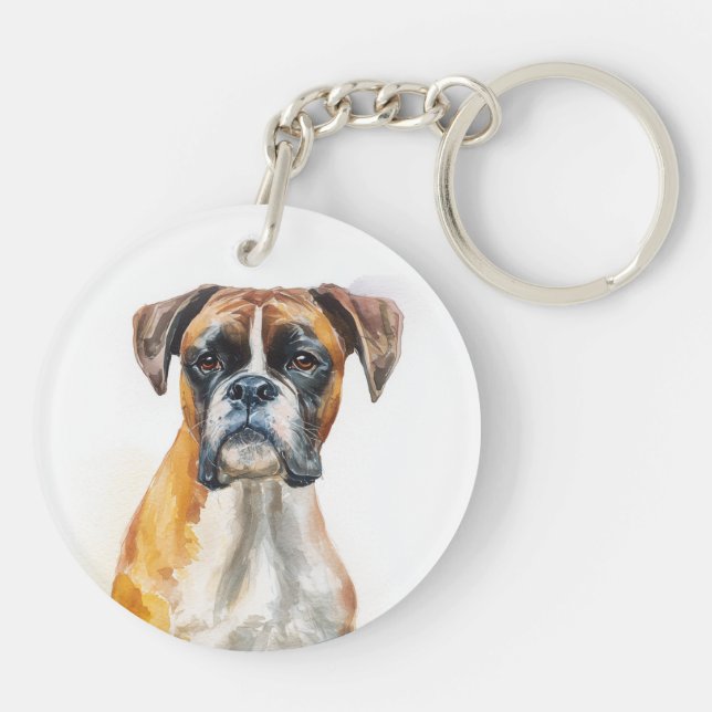 Boxer Dog Watercolor Art Key Ring (Back)