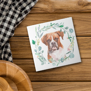 Boxer Dog Watercolor Wreath Ceramic Tile