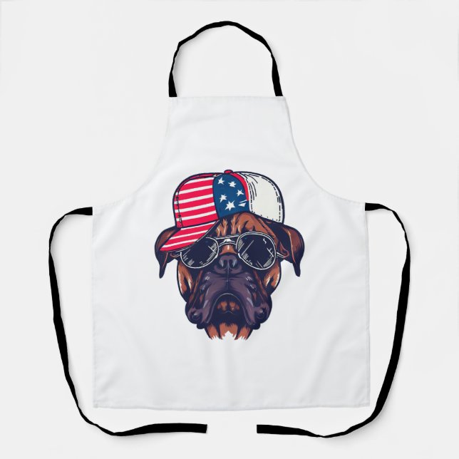 Boxer Dog Wearing White Red Blue Apron (Front)