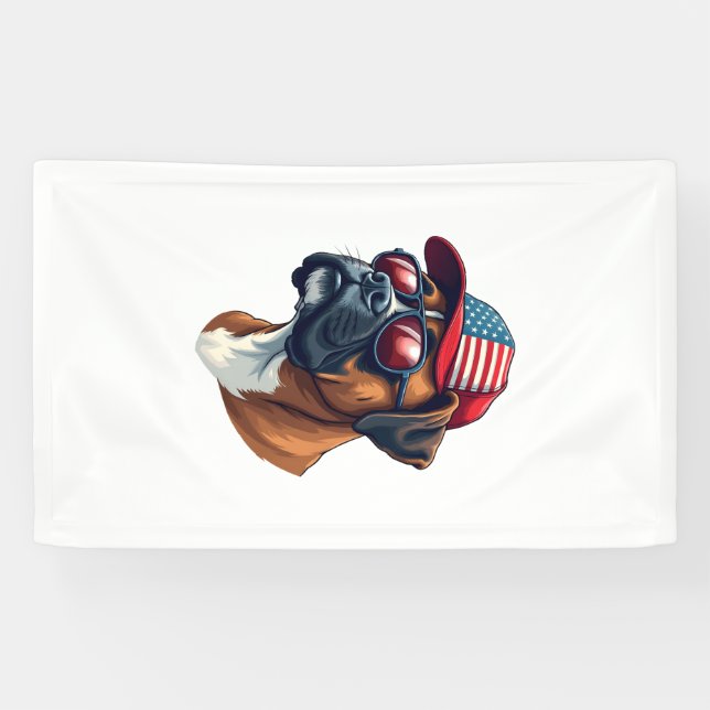 Boxer Dog Wearing White Red Blue Banner (Horizontal)