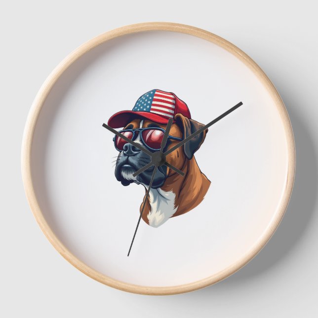 Boxer Dog Wearing White Red Blue Clock (Front)