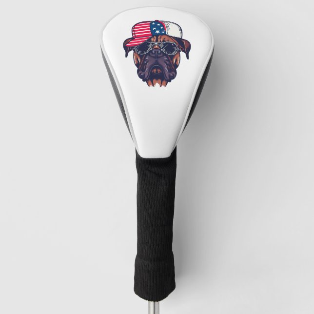Boxer Dog Wearing White Red Blue Golf Head Cover (Front)