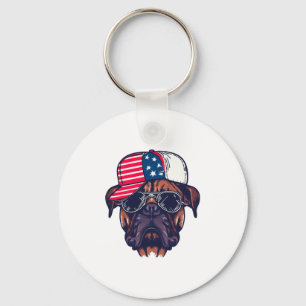 Boxer Dog Wearing White Red Blue Key Ring