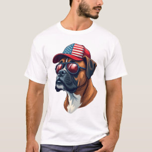 Boxer Dog Wearing White Red Blue T-Shirt