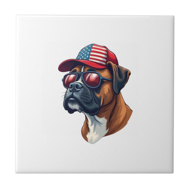 Boxer Dog Wearing White Red Blue Tile (Front)